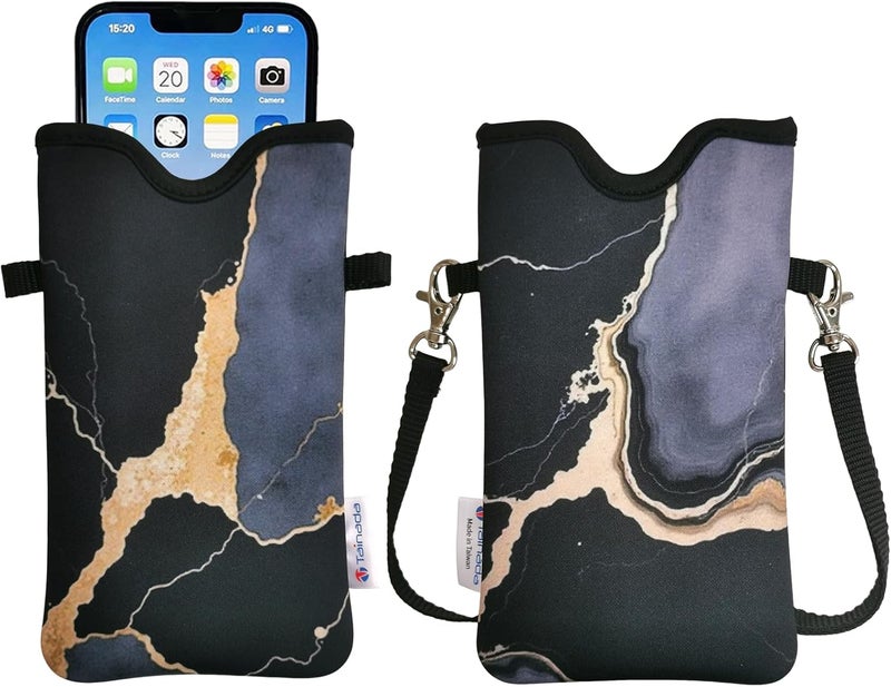 Tainada Men Women Neoprene Phone Sleeve Pouch Case Bag with Crossbody Strap/Neck Lanyard for iPhone 17/16/15 Pro Max, Air, 16/15 Plus, 16e, Samsung S25, A56, Google Pixel 10 (Marble Black) - Image 1